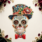 Floral Top Hat Sugar Skull Brooch on an ivory themed backdrop