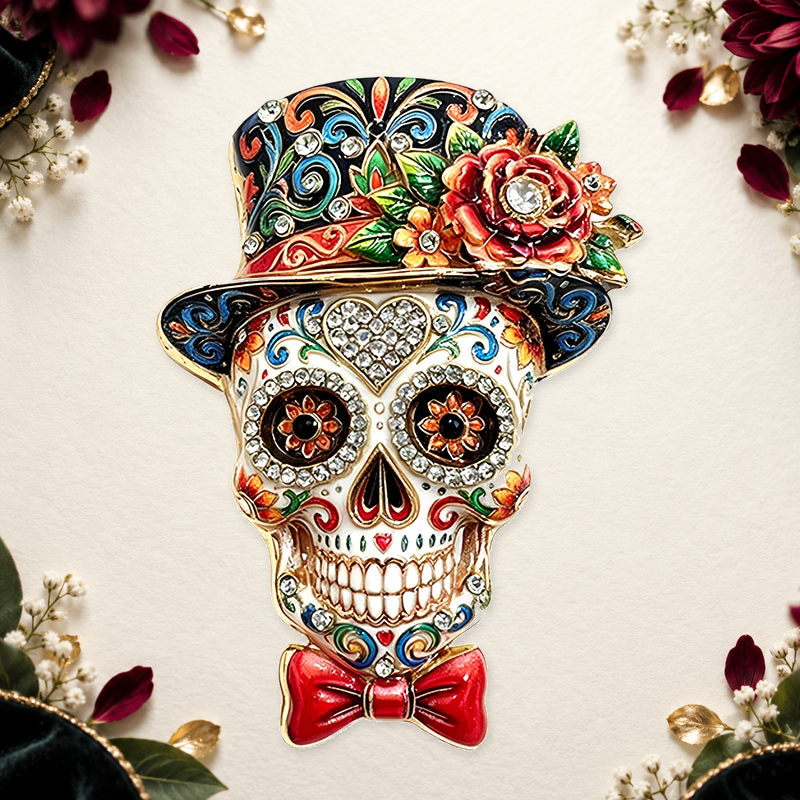 Floral Top Hat Sugar Skull Brooch on an ivory themed backdrop