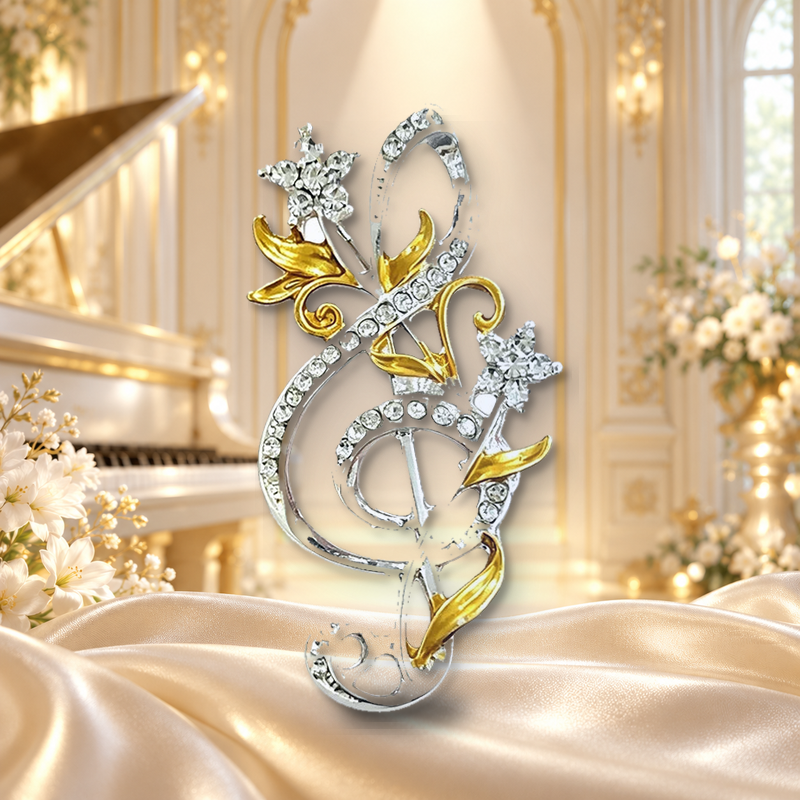 Floral Treble Clef Rhinestone Brooch styled in a thematic scene
