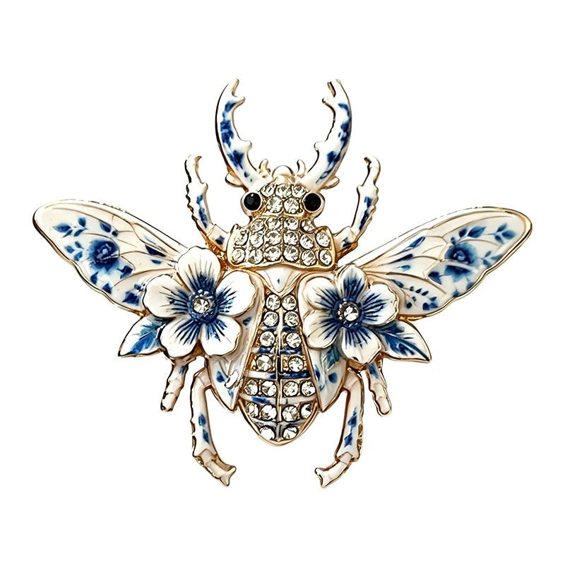 Floral Winged Beetle Brooch — Blue & White