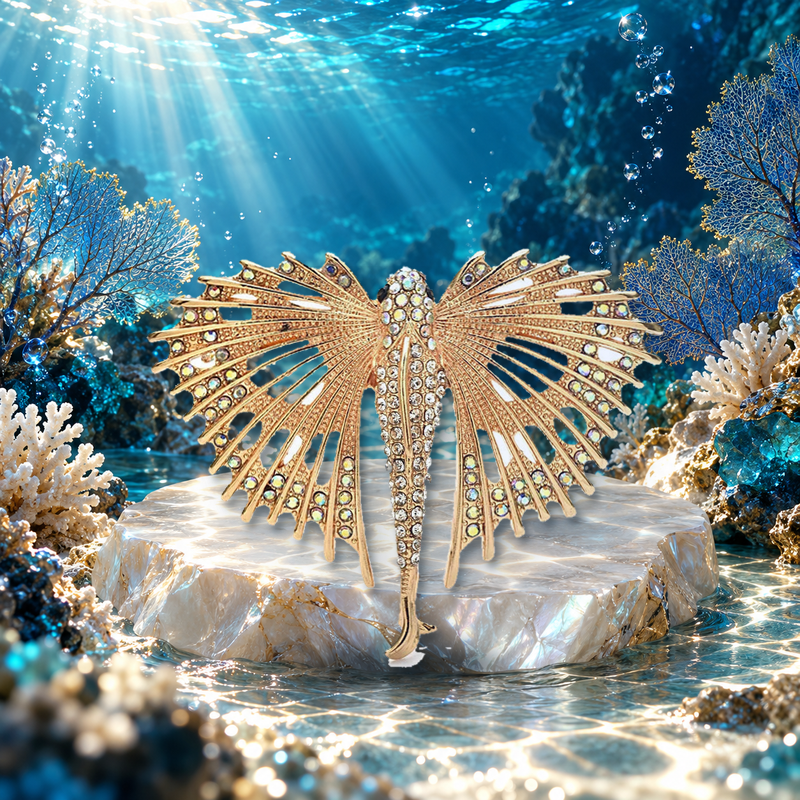 Flying Fish with Wide Fan Fins Brooch styled in a thematic scene