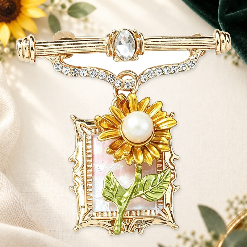 Framed Flower with Pearl-Look Accent Brooch on a complementary display background