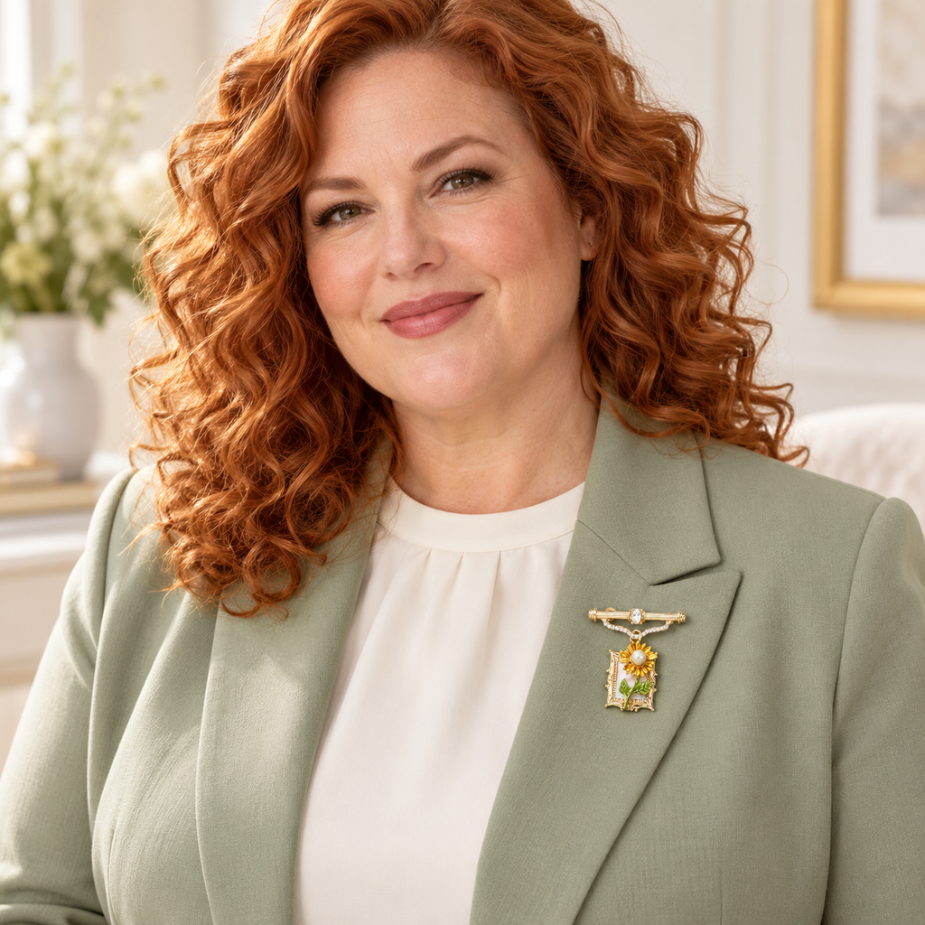 Framed Flower with Pearl-Look Accent Brooch worn at realistic scale on coordinated clothing