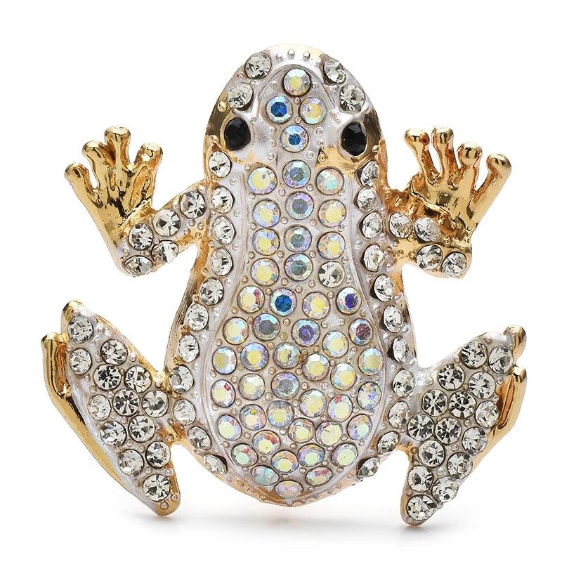 Rhinestone Frog Brooch — White