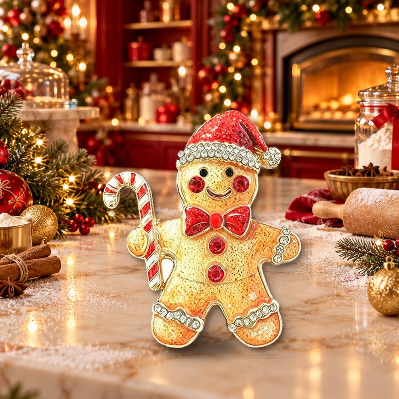 Gingerbread Man with Candy Cane Brooch styled in a thematic scene