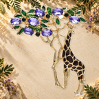 Giraffe Reaching for Jeweled Leaves Brooch on an elegant ivory, deep green and gold background