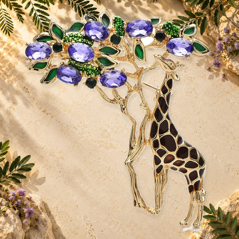 Giraffe Reaching for Jeweled Leaves Brooch on an elegant ivory, deep green and gold background