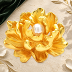 Gold-Tone Peony with Pearl-Look Center Brooch on an elegant ivory, evergreen and gold background