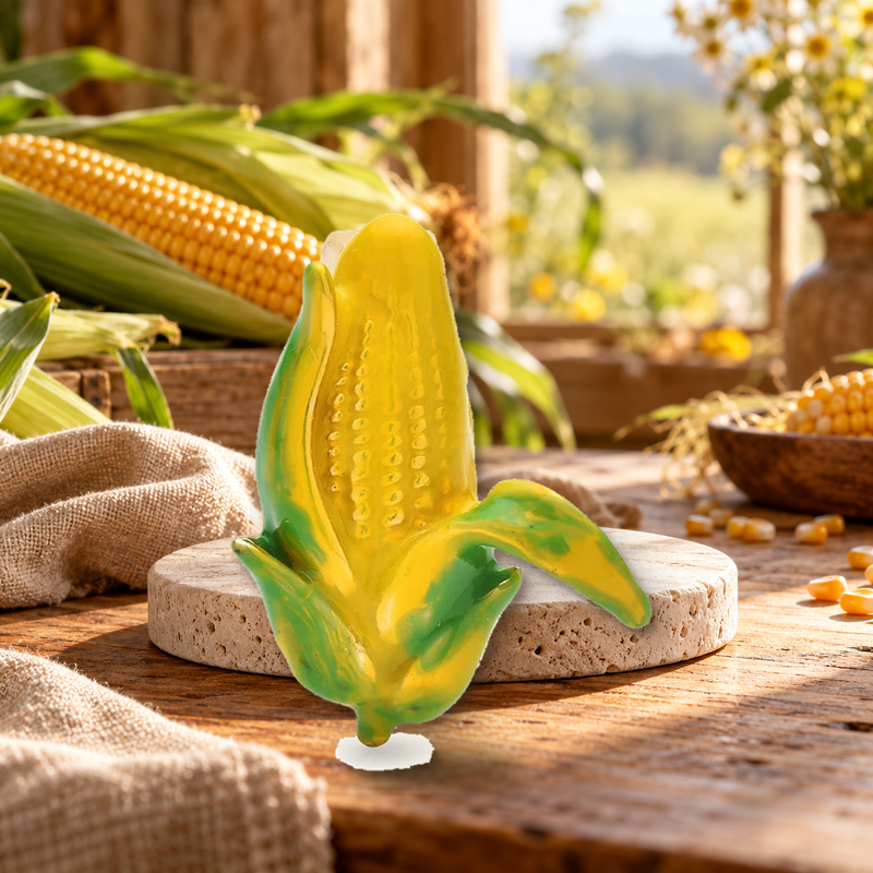 Golden Corn Cob with Green Husk Brooch styled in a thematic scene
