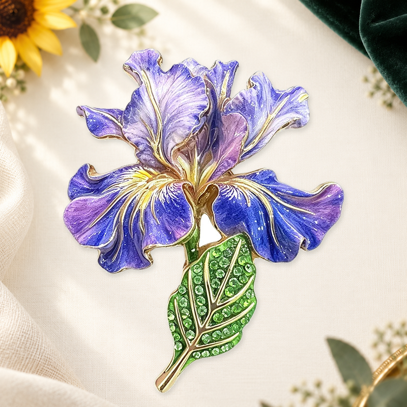 Graceful Iris Flower Stem Brooch on a complementary display background