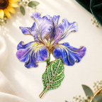 Graceful Iris Flower Stem Brooch on a complementary display background