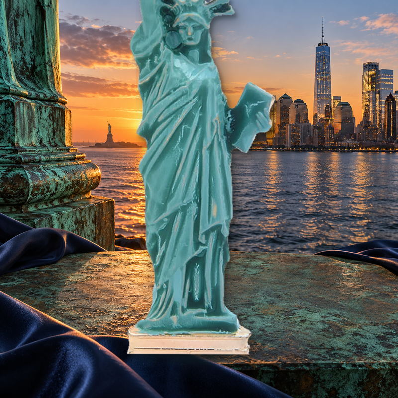 Green Enamel Statue of Liberty Brooch styled in a thematic scene