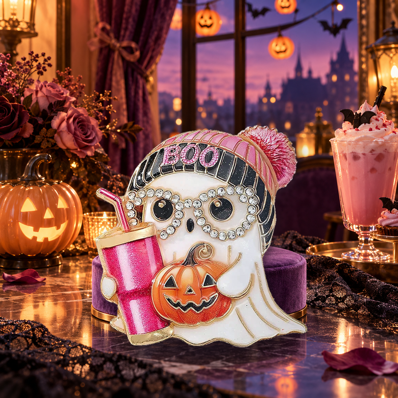 Halloween Ghost with Pumpkin and Drink Brooch styled in a thematic scene