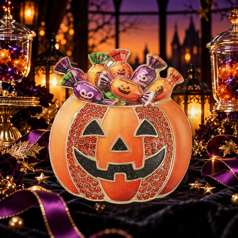 Halloween Pumpkin Candy Bucket Brooch styled in a thematic scene