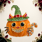 Halloween Pumpkin Cat in Witch Hat Brooch on a complementary display background