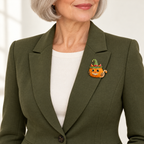 Halloween Pumpkin Cat in Witch Hat Brooch worn at realistic scale on coordinated clothing