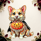 Halloween Pumpkin Corgi Brooch on an ivory themed backdrop