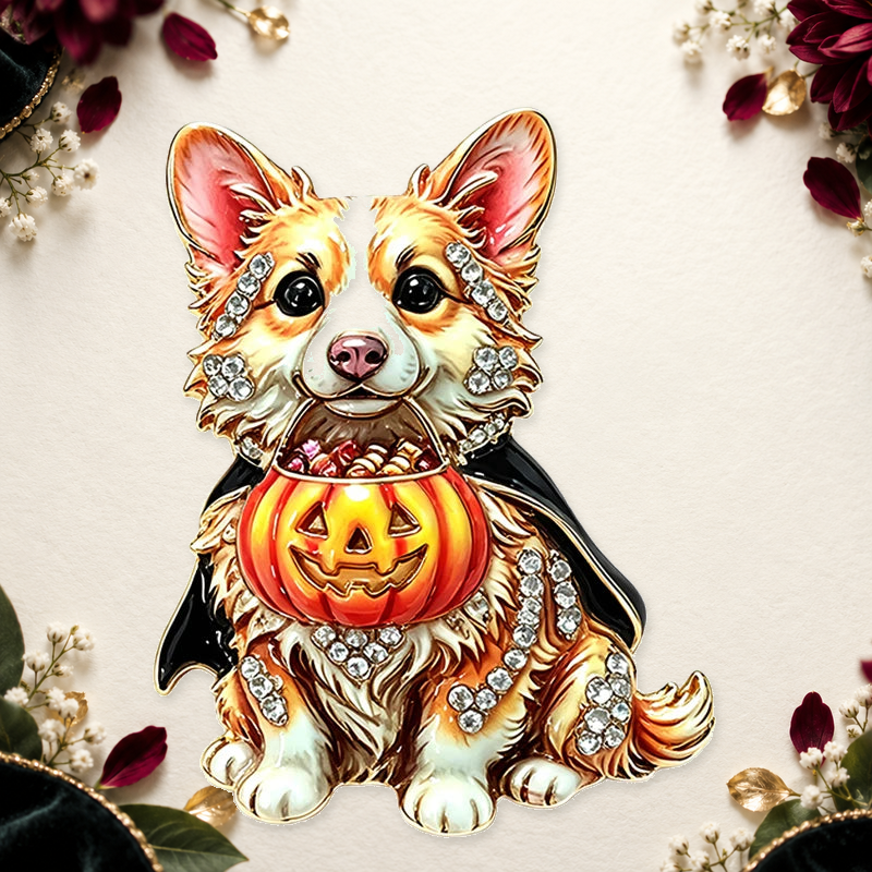 Halloween Pumpkin Corgi Brooch on an ivory themed backdrop