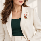 Halloween Pumpkin Corgi Brooch worn on an ivory blazer