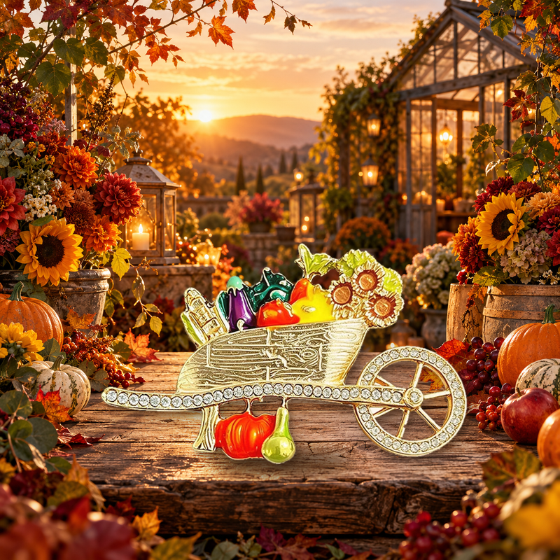 Harvest Wheelbarrow with Fruit and Flowers Brooch styled in a thematic scene