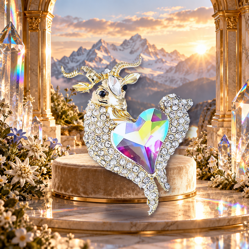 Heart-Centered Sparkling Goat Brooch styled in a thematic scene