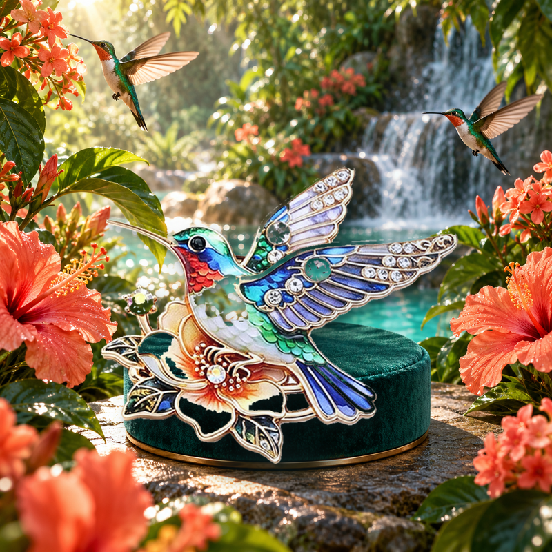 Hummingbird Hovering over a Flower Brooch styled in a thematic scene
