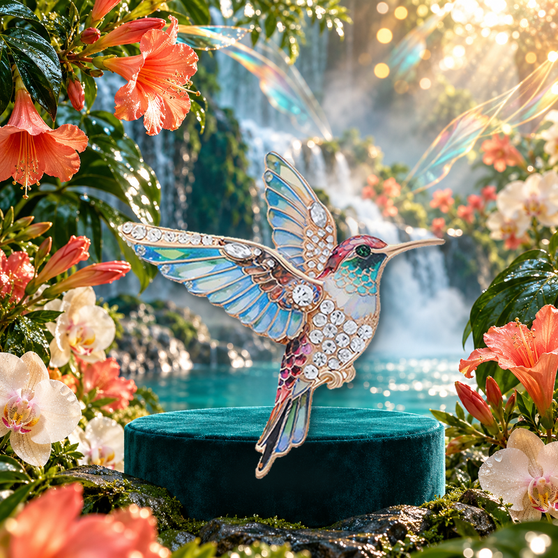 Hummingbird in Flight with Sparkling Wings Brooch styled in a thematic scene