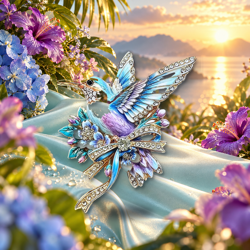 Hummingbird with Floral Bow Brooch styled in a thematic scene
