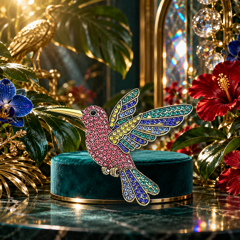 Hummingbird with Rows of Sparkling Feathers Brooch styled in a thematic scene