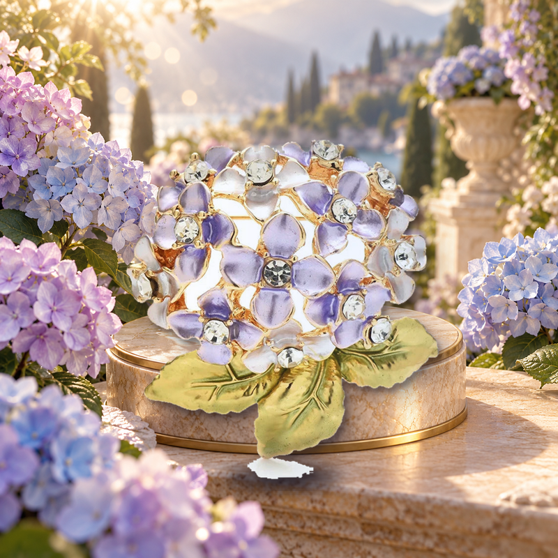 Hydrangea Blossom Cluster with Leaves Brooch styled in a thematic scene