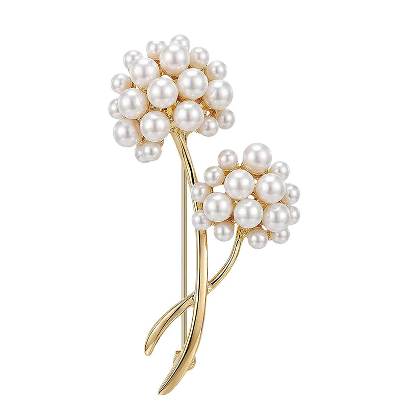 Pearl-Look Double Dandelion Brooch