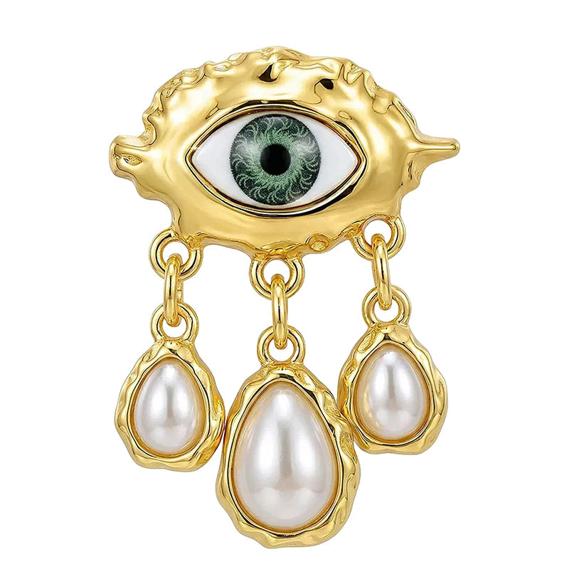 Baroque Green Eye with Pearl-Look Drops Brooch