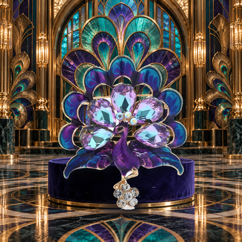 Iridescent Crystal Peacock Brooch styled in a thematic scene