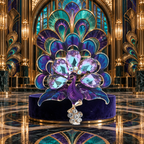 Iridescent Crystal Peacock Brooch styled in a thematic scene
