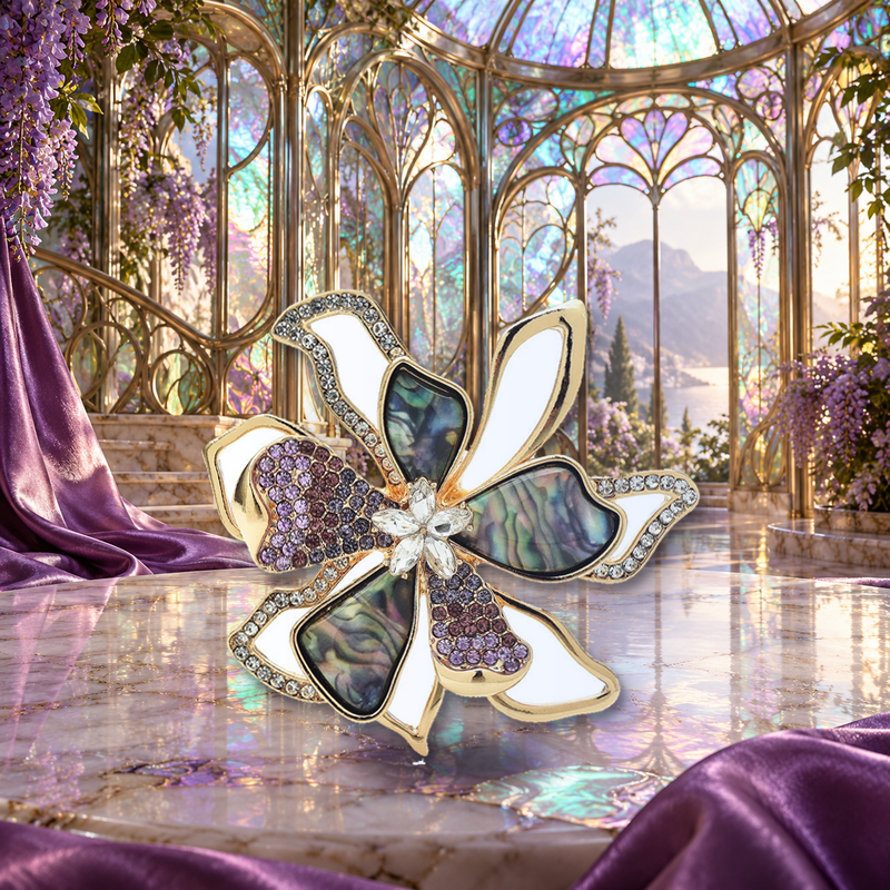 Iridescent Layered Blossom Brooch styled in a thematic scene