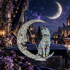 Jeweled Cat on Crescent Moon Brooch styled in a thematic scene