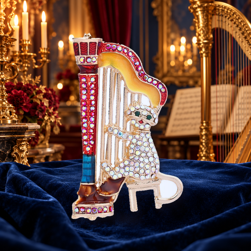 Jeweled Cat Playing a Harp Brooch styled in a thematic scene