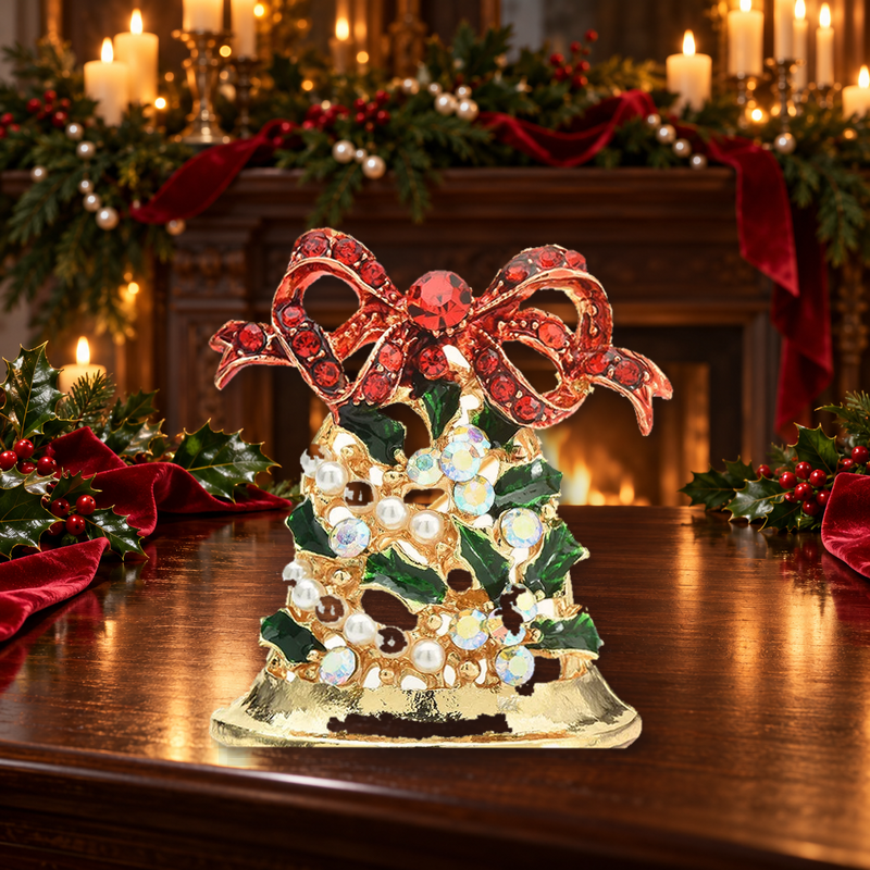 Jeweled Christmas Bells and Holly Brooch styled in a thematic scene