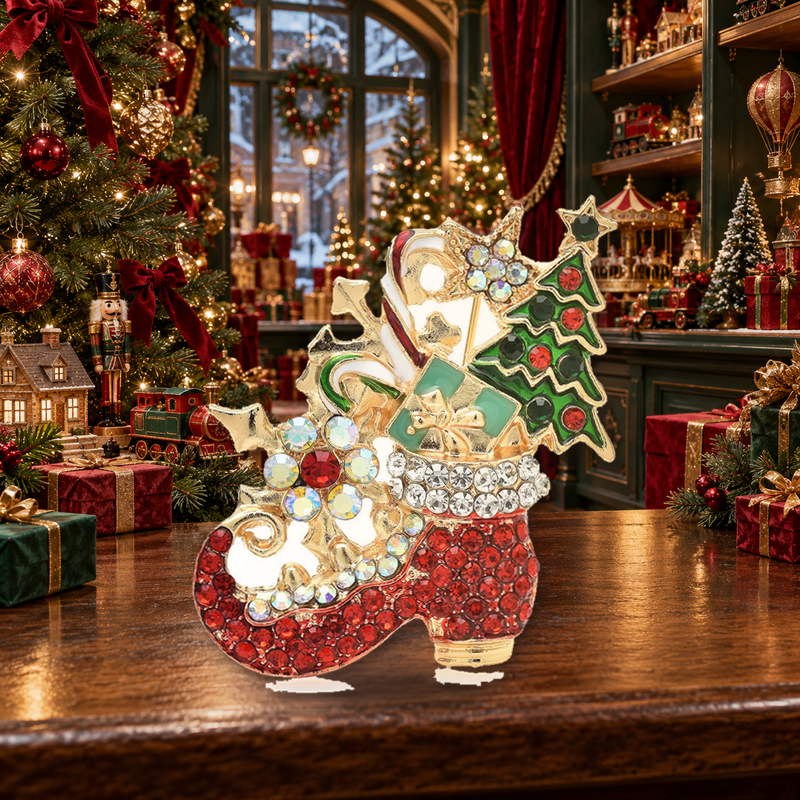 Jeweled Christmas Gift Boot Brooch styled in a thematic scene