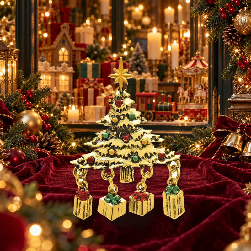Jeweled Christmas Tree with Gift Charms Brooch styled in a thematic scene