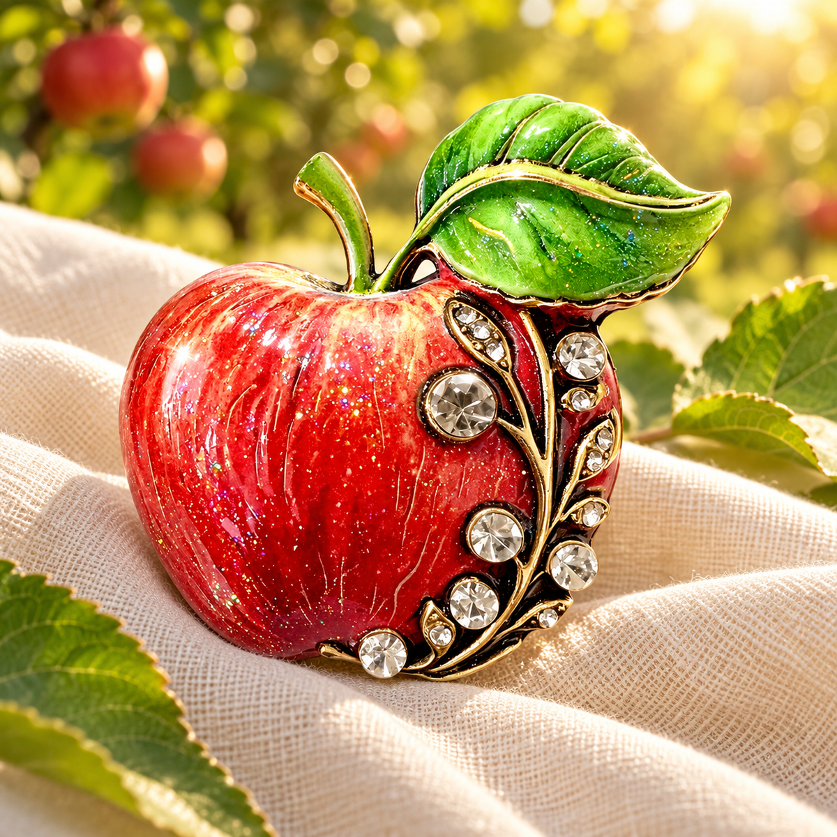 Jeweled enamel apple brooch displayed in a sunlit orchard scene