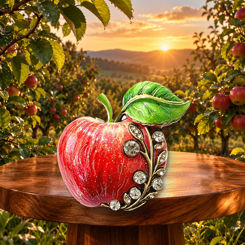 Jeweled Enamel Apple Brooch styled in a thematic scene