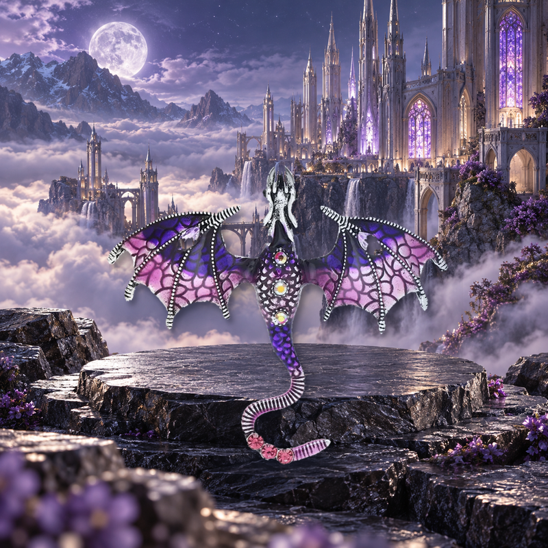 Jeweled Enamel Flying Dragon Brooch styled in a thematic scene