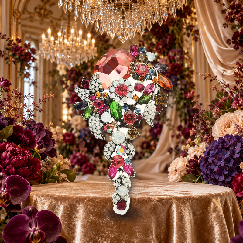 Jeweled Floral Cascade Statement Brooch styled in a thematic scene