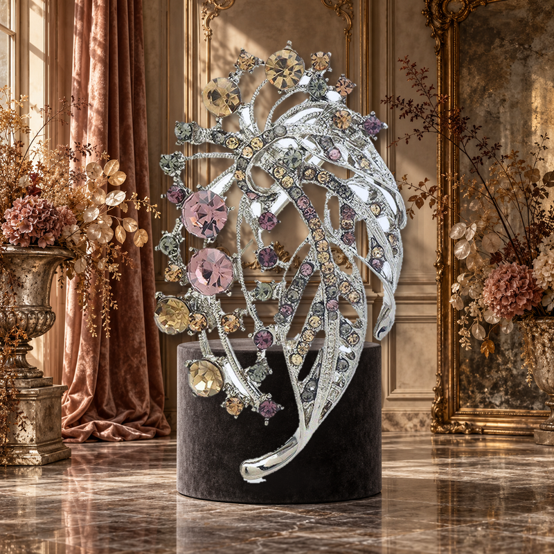 Jeweled Floral Spray with Openwork Leaves Brooch styled in a thematic scene