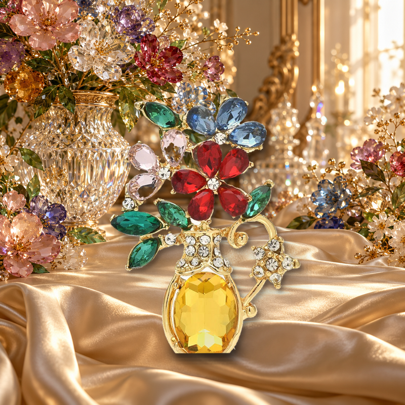 Jeweled Floral Vase Drop Brooch styled in a thematic scene