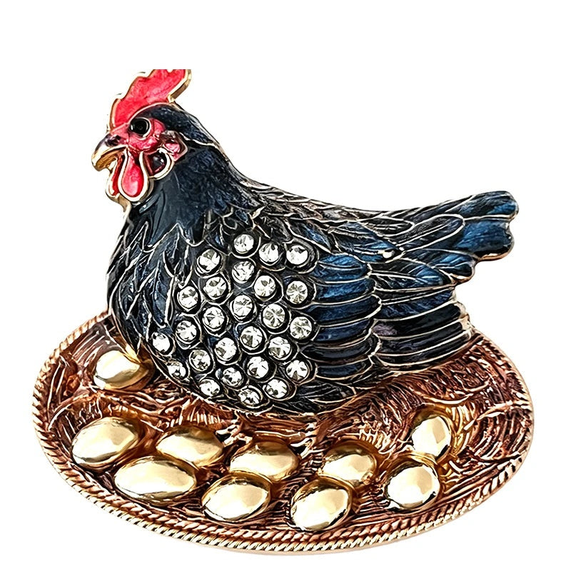 Jeweled Hen with Egg Basket Brooch — Black
