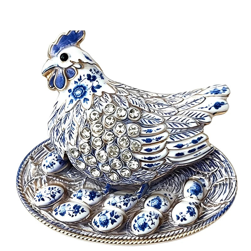 Jeweled Hen with Egg Basket Brooch — Blue & White