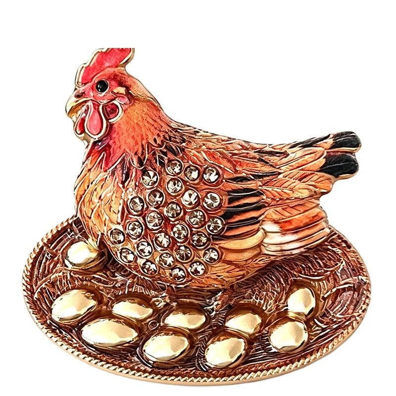 Jeweled Hen with Egg Basket Brooch — Brown