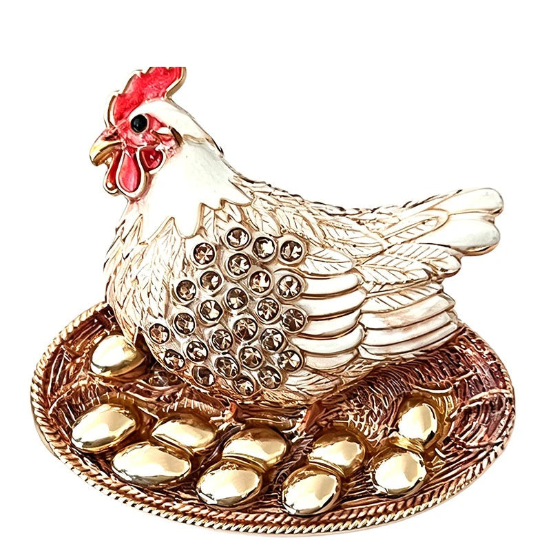 Jeweled Hen with Egg Basket Brooch — White